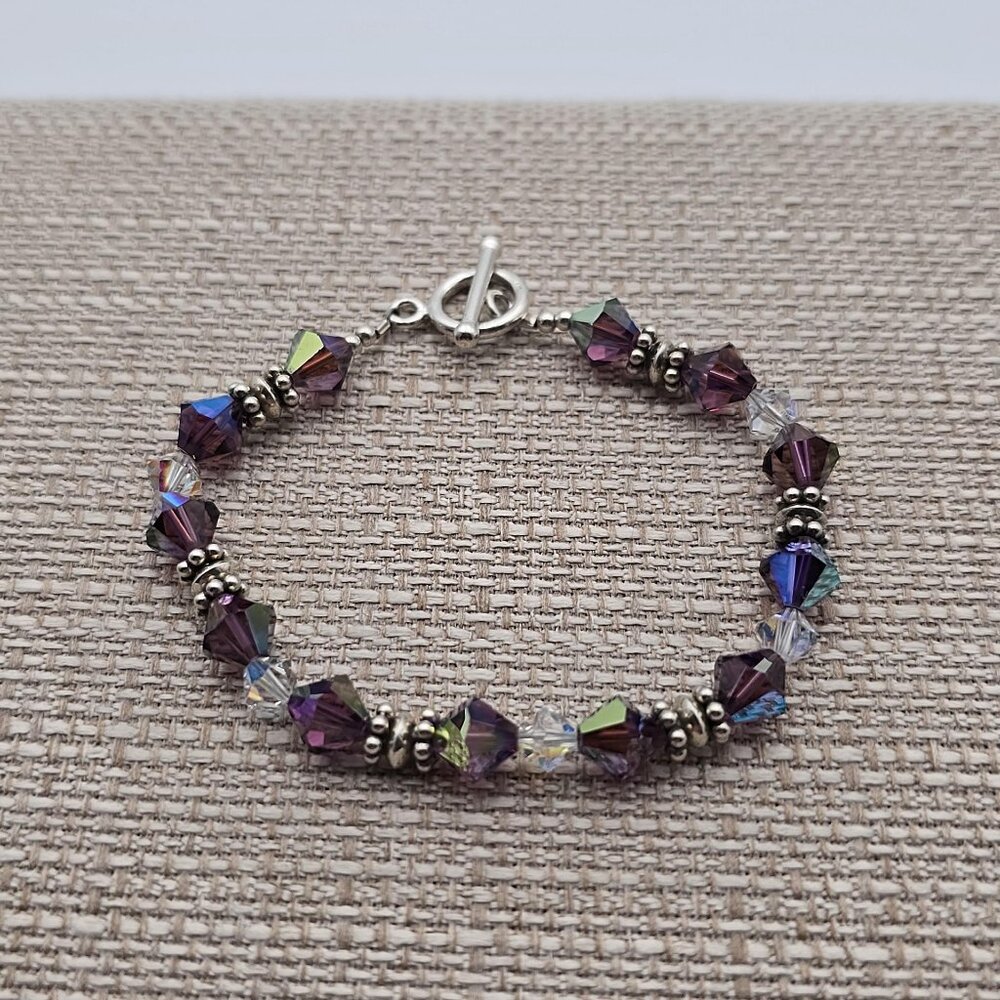 7.5 Inch Sterling Silver Cute Purple Crystals Bracelet B516